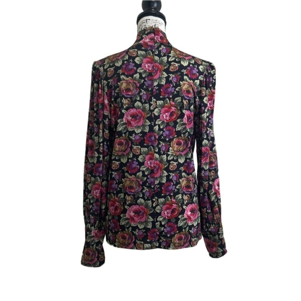 Paris Atelier Women's Size S Top Floral Long Sleeve Mock Neck Black & Pink Roses - Picture 3 of 7